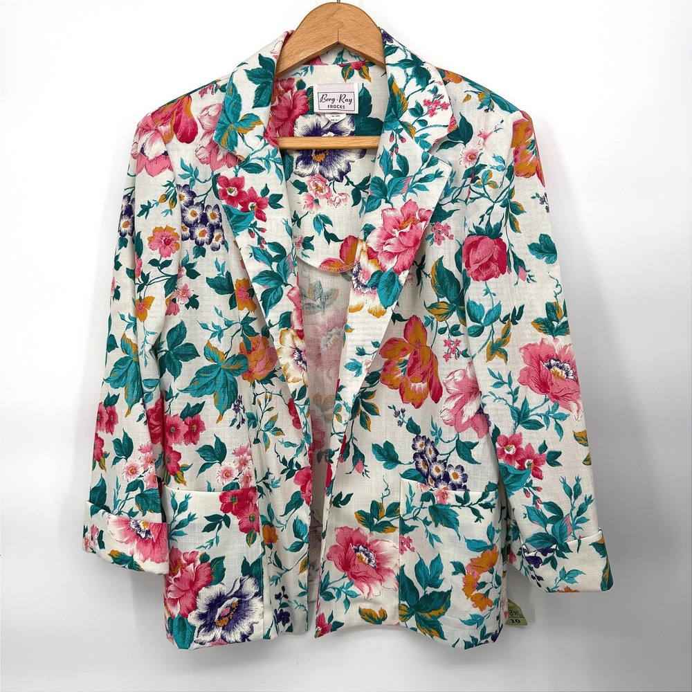 Berg Ray Frocks Blazer Floral Linen Blend Open Front Vintage Summer Size 10/L